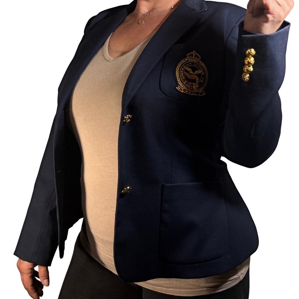 American Living Womens Navy Blue Wool Blend Crest Blazer Gold Buttons Size 12